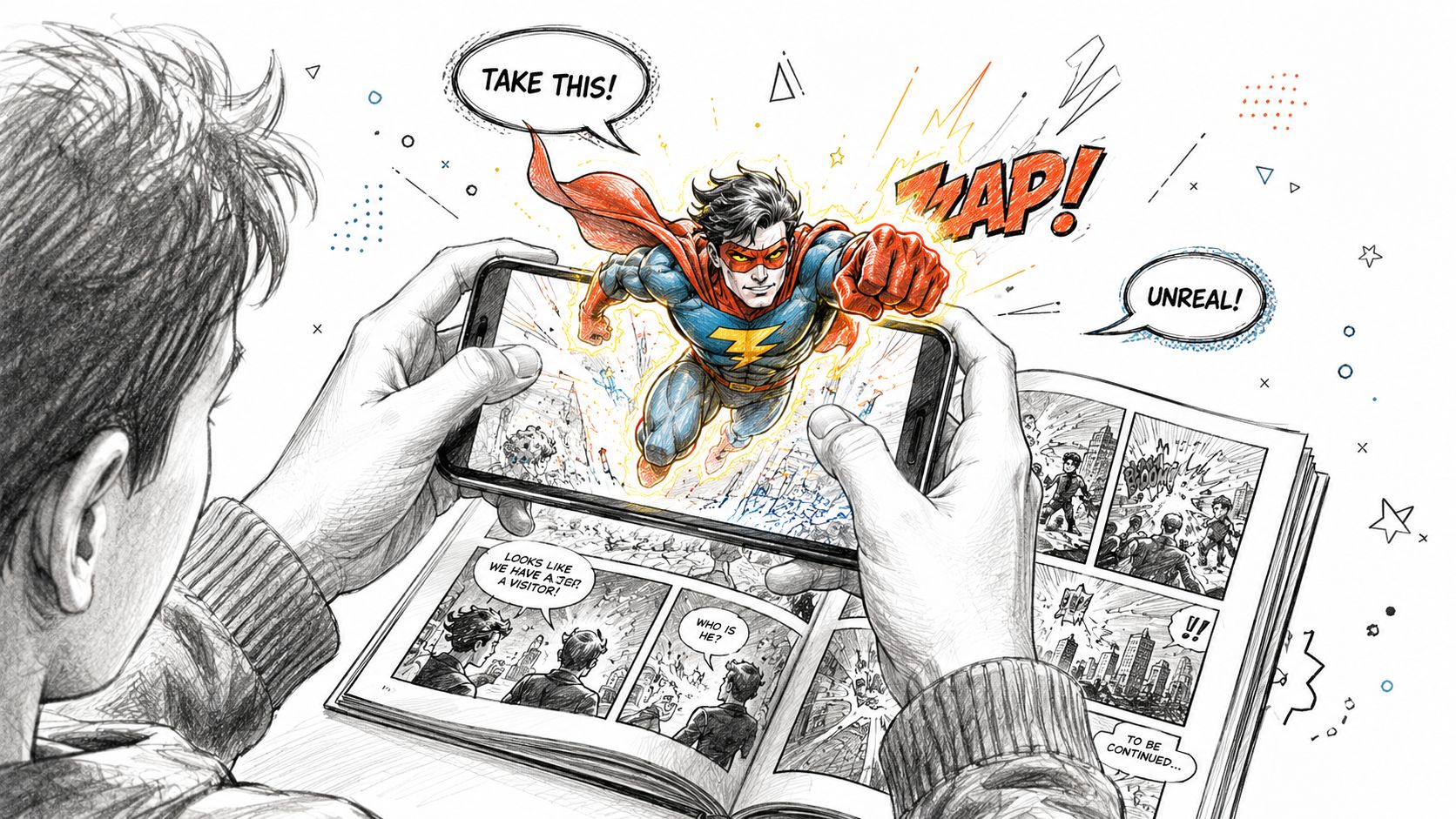 A person viewing an augmented reality comic book superhero flying out of a smartphone screen.