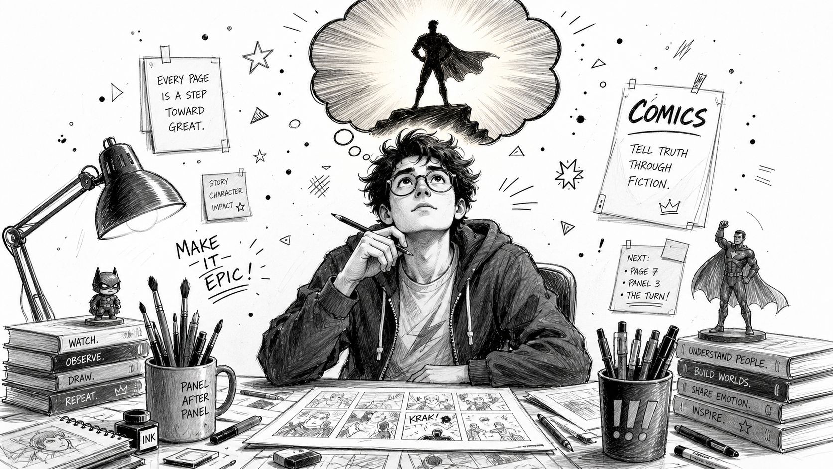 A young artist with glasses sits at a desk drawing a comic book layout with inspiration overhead.