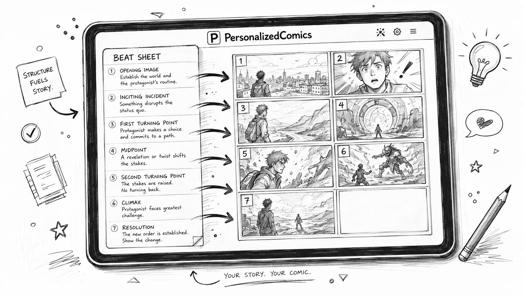 A digital tablet displaying a comic book story beat sheet alongside corresponding storyboard panels for a comic.
