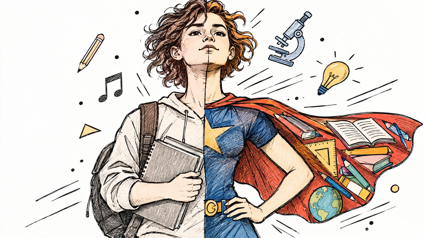 A dual-identity illustration of a girl transforming from a student into a superhero with academic tools.