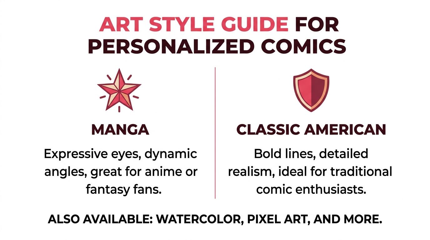 An infographic showing two art style options, Manga and Classic American, for custom comic book creation.