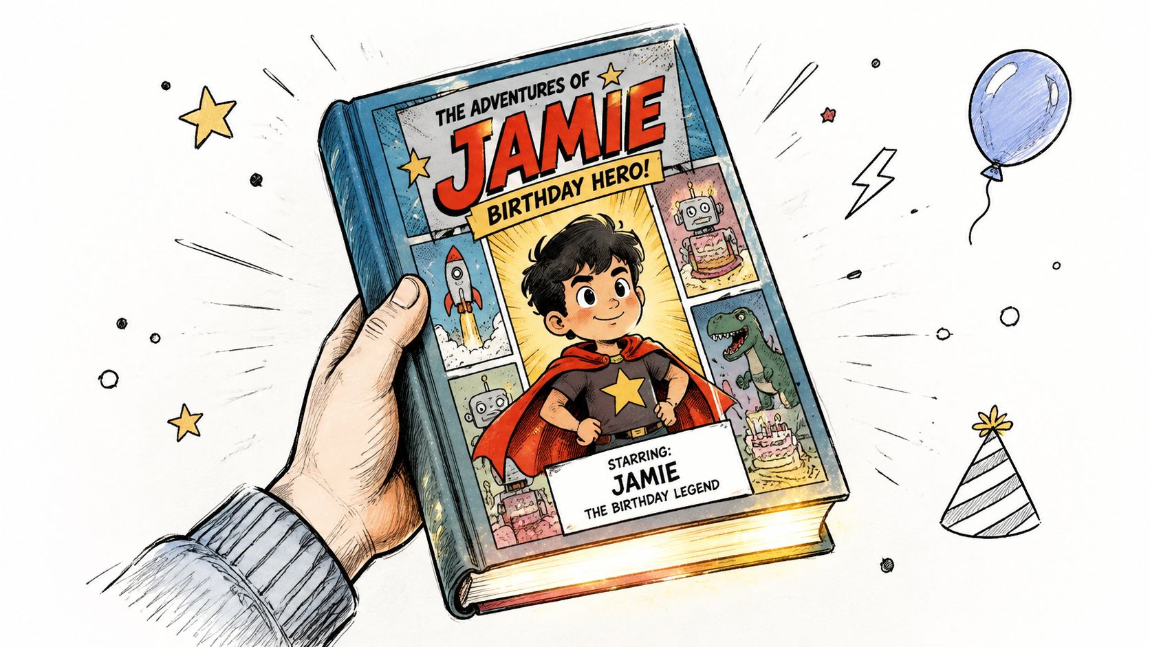 A hand holds a illustrated children's storybook titled The Adventures of Jamie Birthday Hero