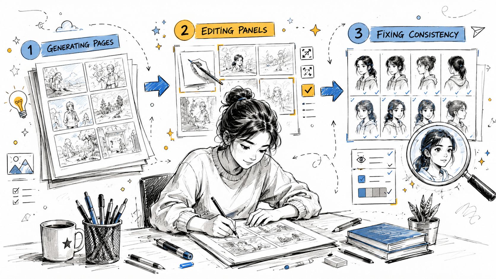 An artist drawing sketches of a girl in a step-by-step comic book creation process illustration.