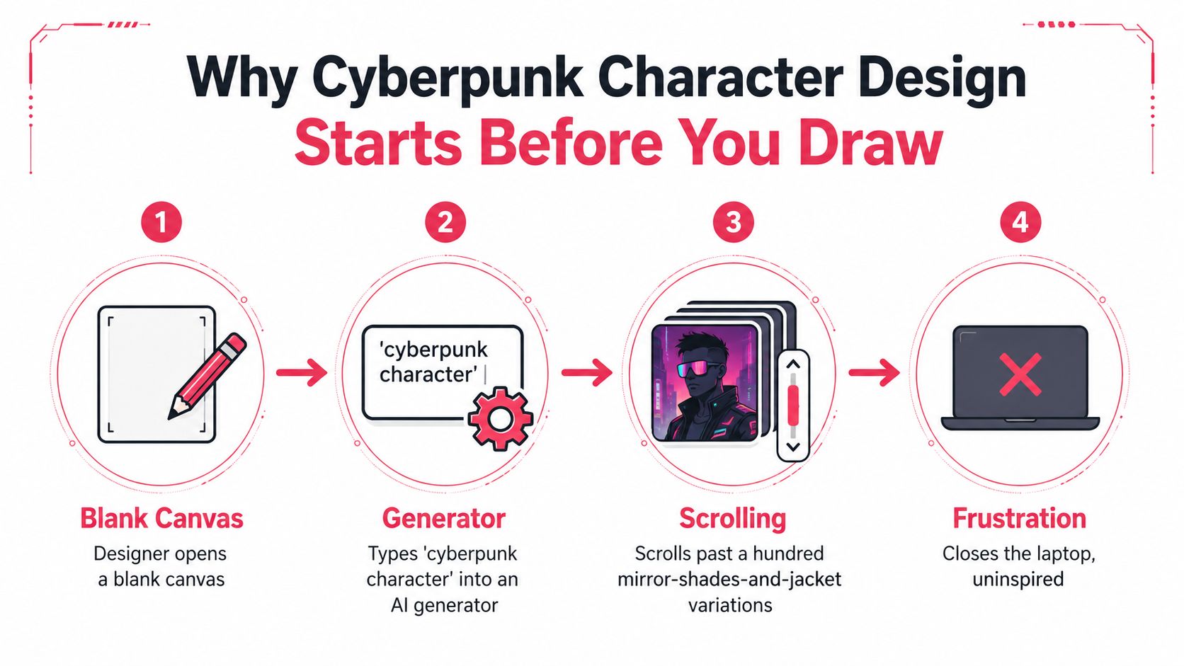 An infographic showing the frustration of using generic AI generators for cyberpunk character design projects.