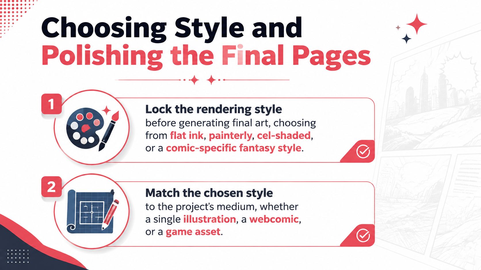 An infographic detailing two steps for choosing a rendering style and polishing final comic book art pages.