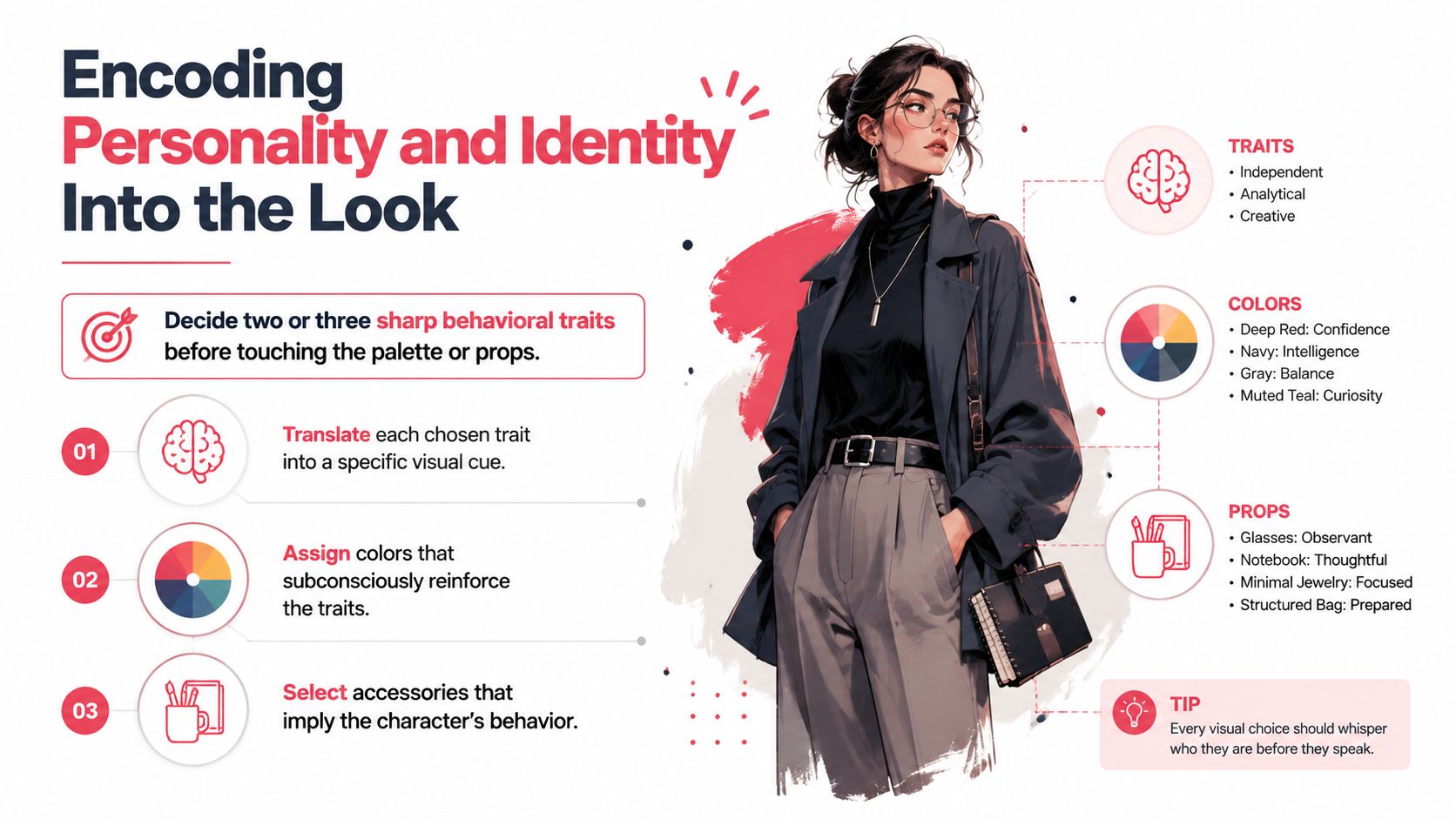 An infographic titled Encoding Personality and Identity Into the Look showing character design tips next to a stylish illustration.