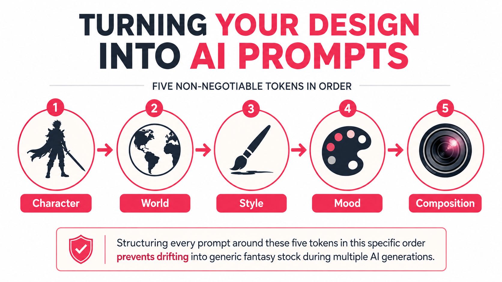 A diagram outlining five essential components for crafting effective AI image prompts for fantasy character designs.