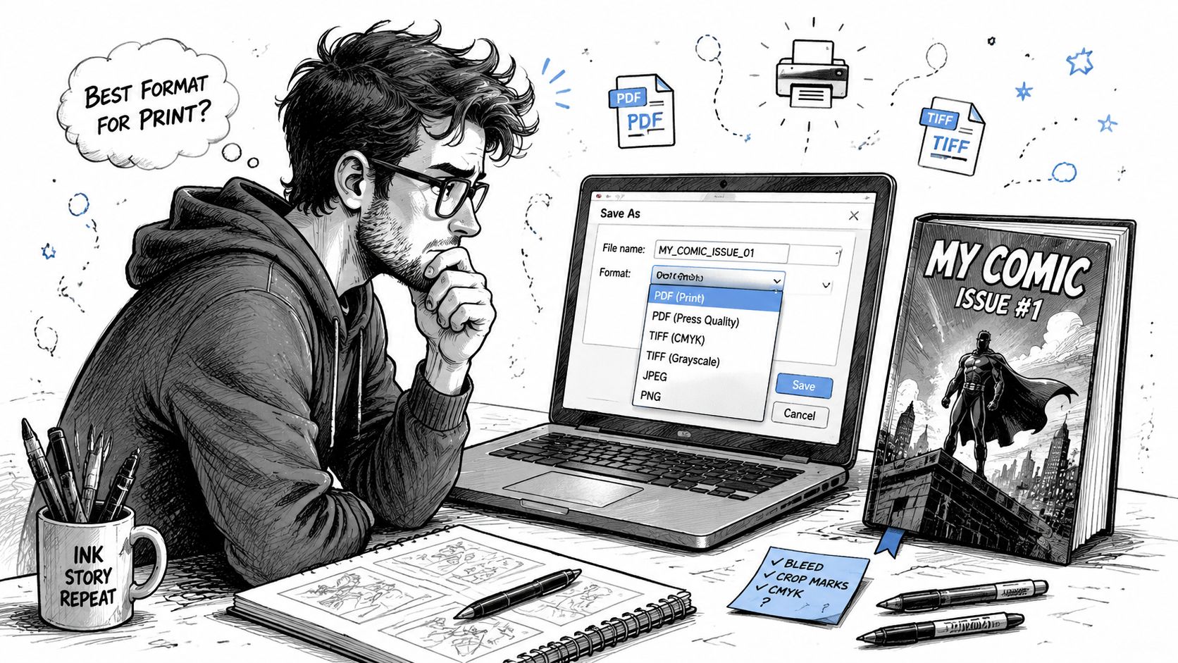 A digital artist considers the best file format for printing his comic book on a laptop screen.