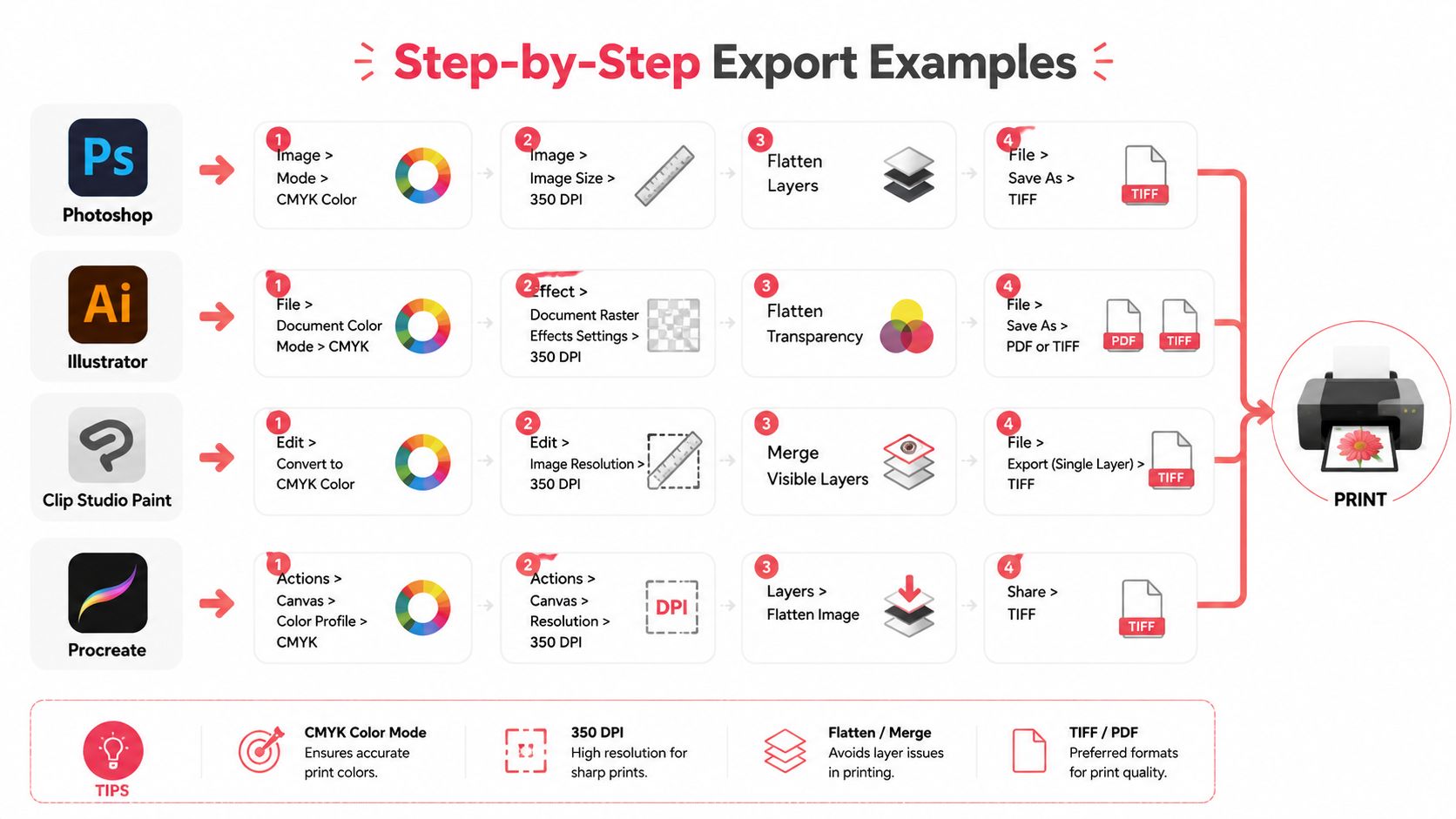 A step-by-step guide for exporting digital files in CMYK format at 350 DPI for professional printing.
