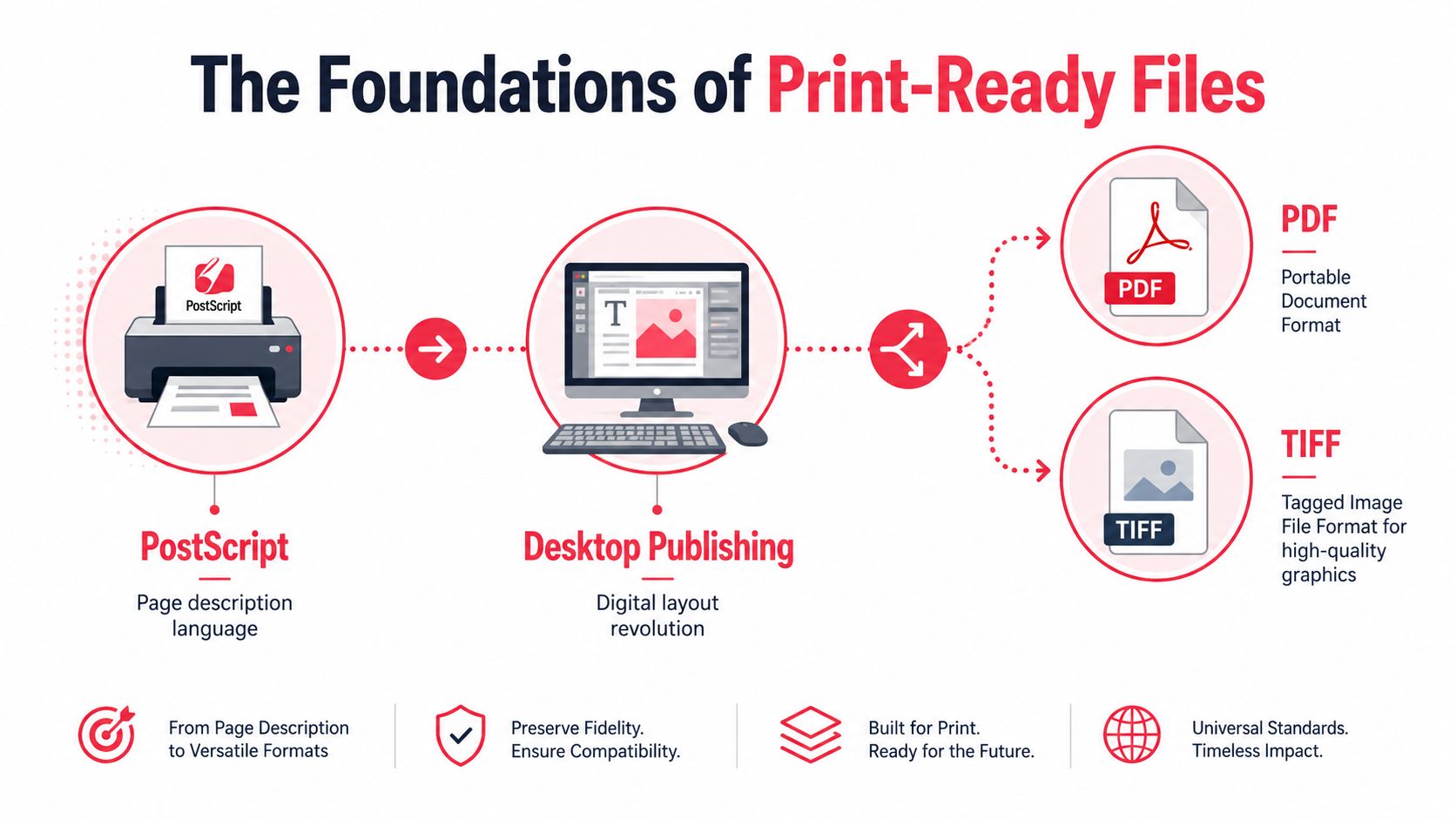 An infographic showing the evolution from PostScript to desktop publishing and final print-ready file formats like PDF and TIFF.