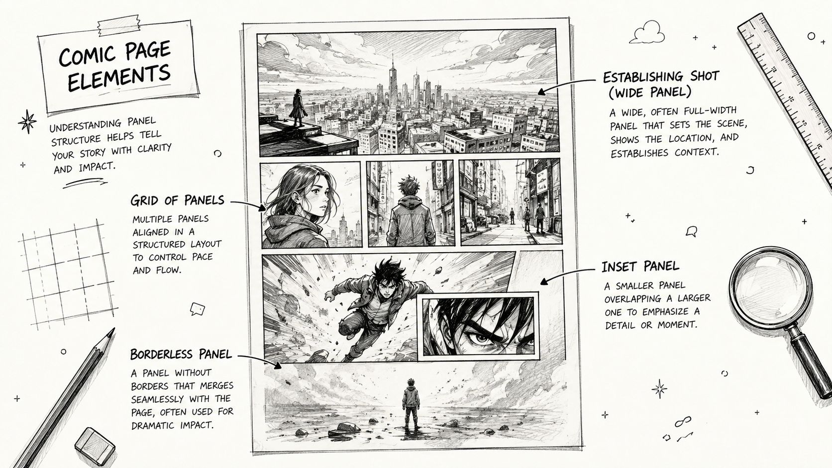 An educational guide explaining comic page elements with illustrated examples like panels, grids, and inset shots.