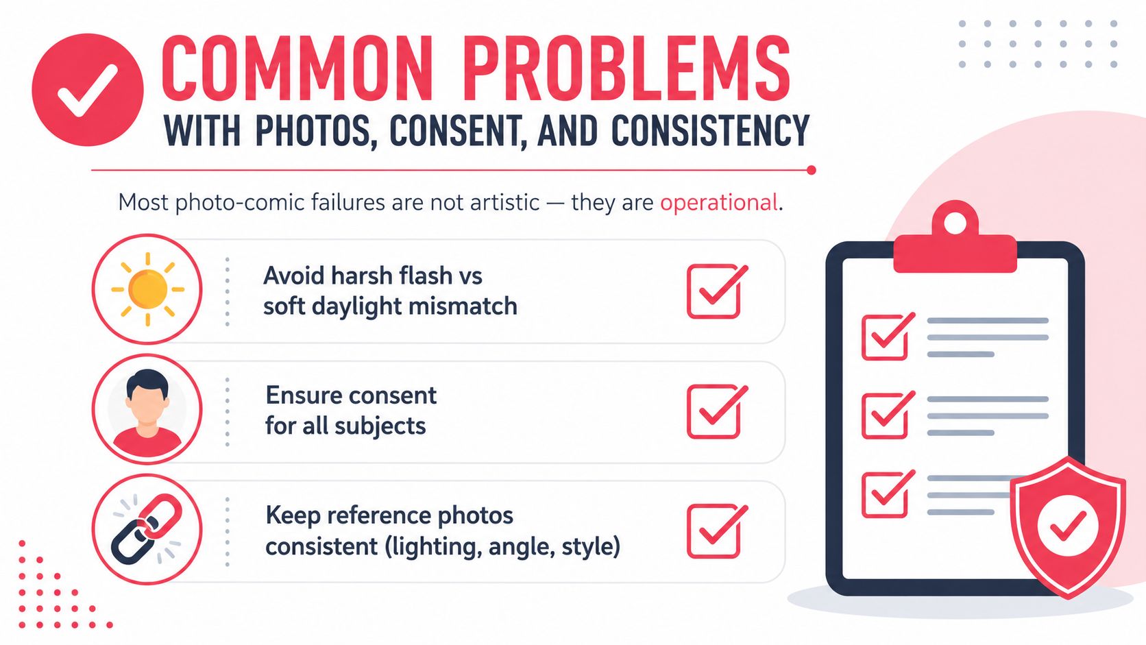 An infographic detailing common operational problems with photo comics, including lighting consistency, subject consent, and reference consistency.