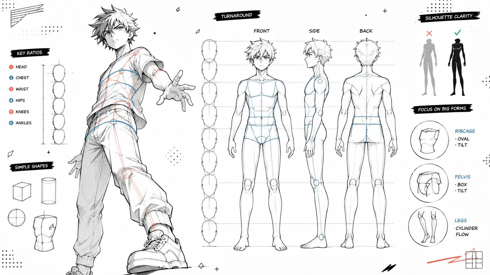 A detailed technical drawing guide showing a manga character turnaround, key ratios, and basic anatomical structural shapes.