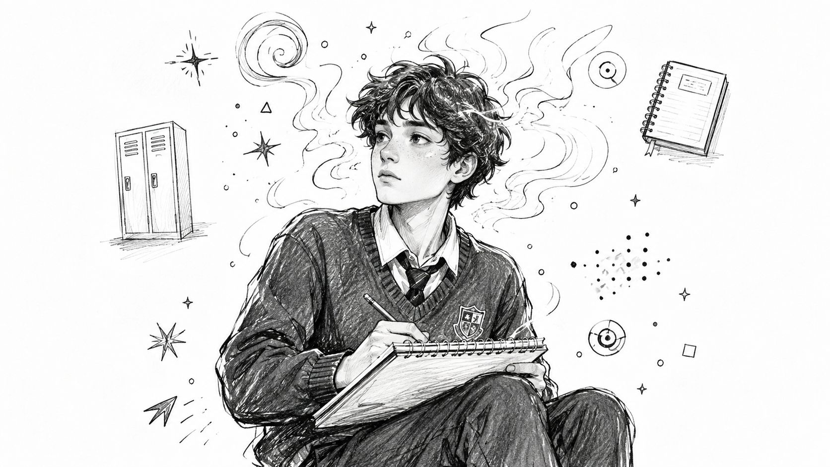 A black and white pencil sketch of a teenage boy drawing in a notebook surrounded by doodles.