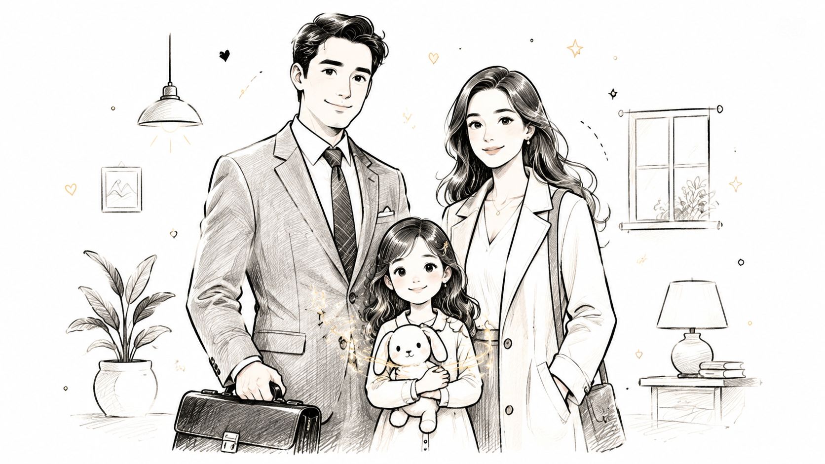 A pencil sketch style illustration of a happy family consisting of a father, mother, and daughter.