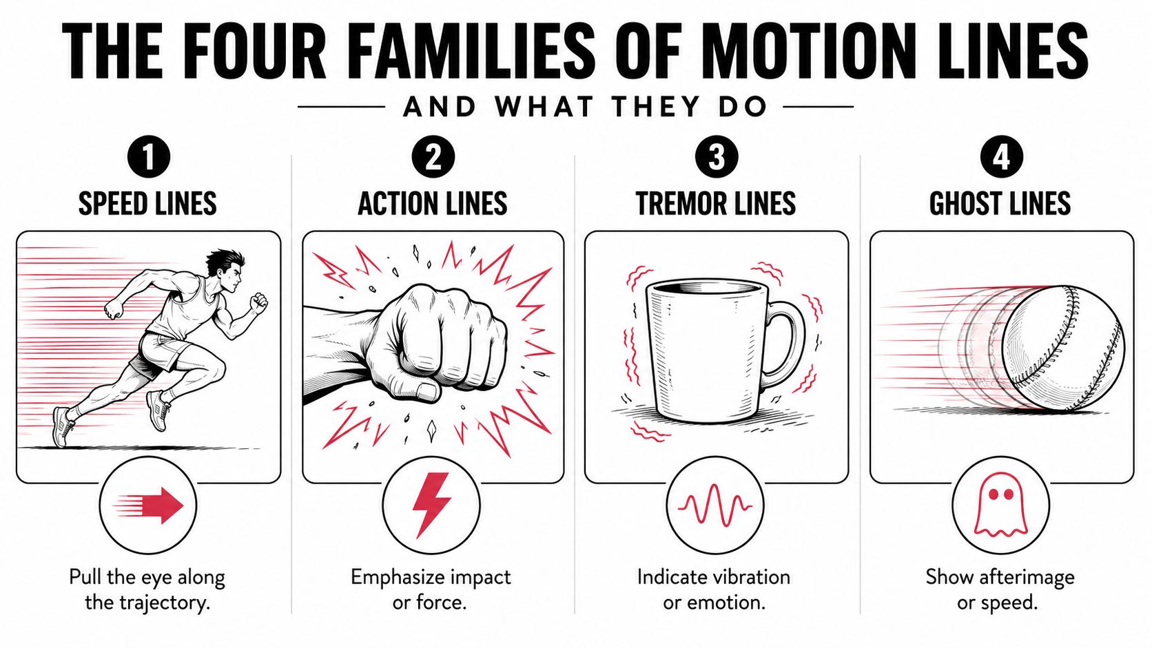 An infographic showing four types of comic motion lines: speed, action, tremor, and ghost lines.