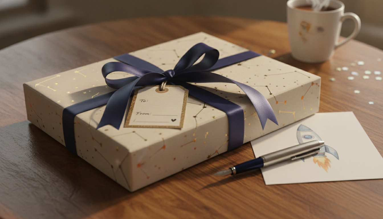 Gift-wrapped present with a navy ribbon and gift tag, with a pen and note card set out for writing the message.