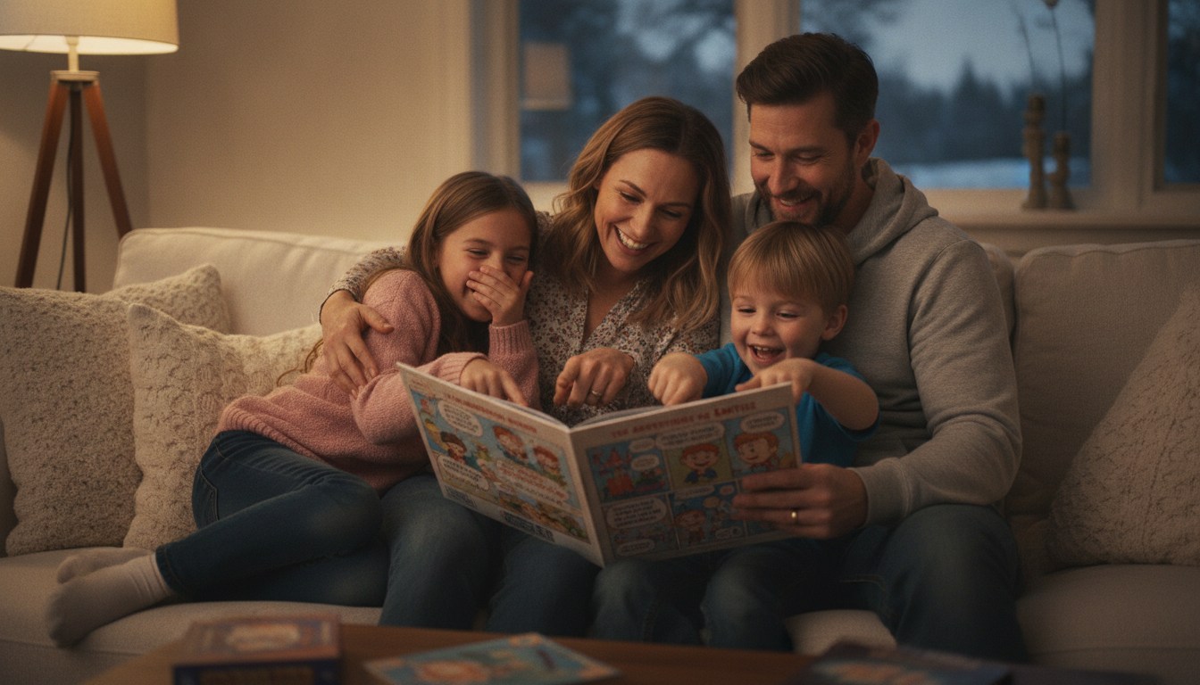 Family of four laughing while reading a personalized comic book together on the couch.