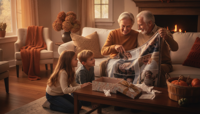 Grandparents opening a personalized gift with grandchildren nearby in a cozy living room