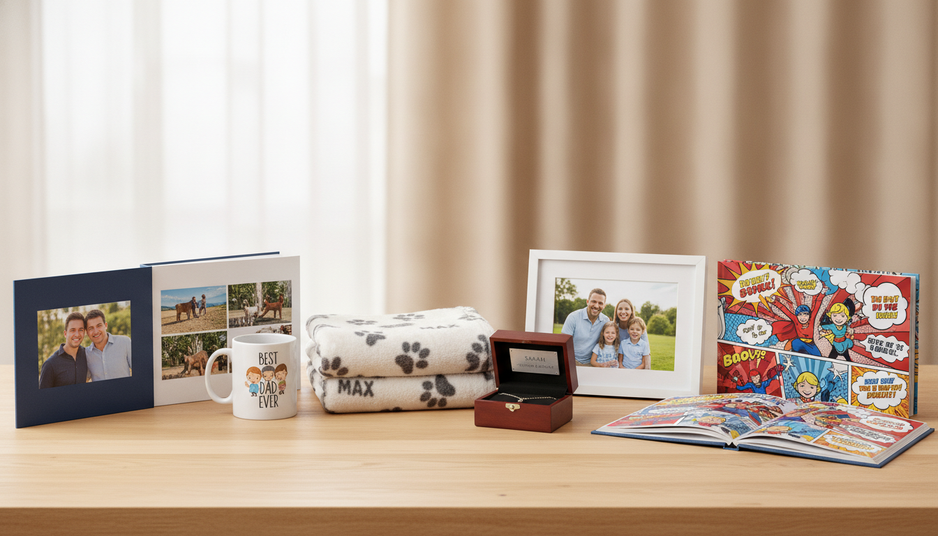 A tabletop comparison of personalized gift options including photo books, mugs, blankets, jewelry, framed portraits, and a comic-style keepsake