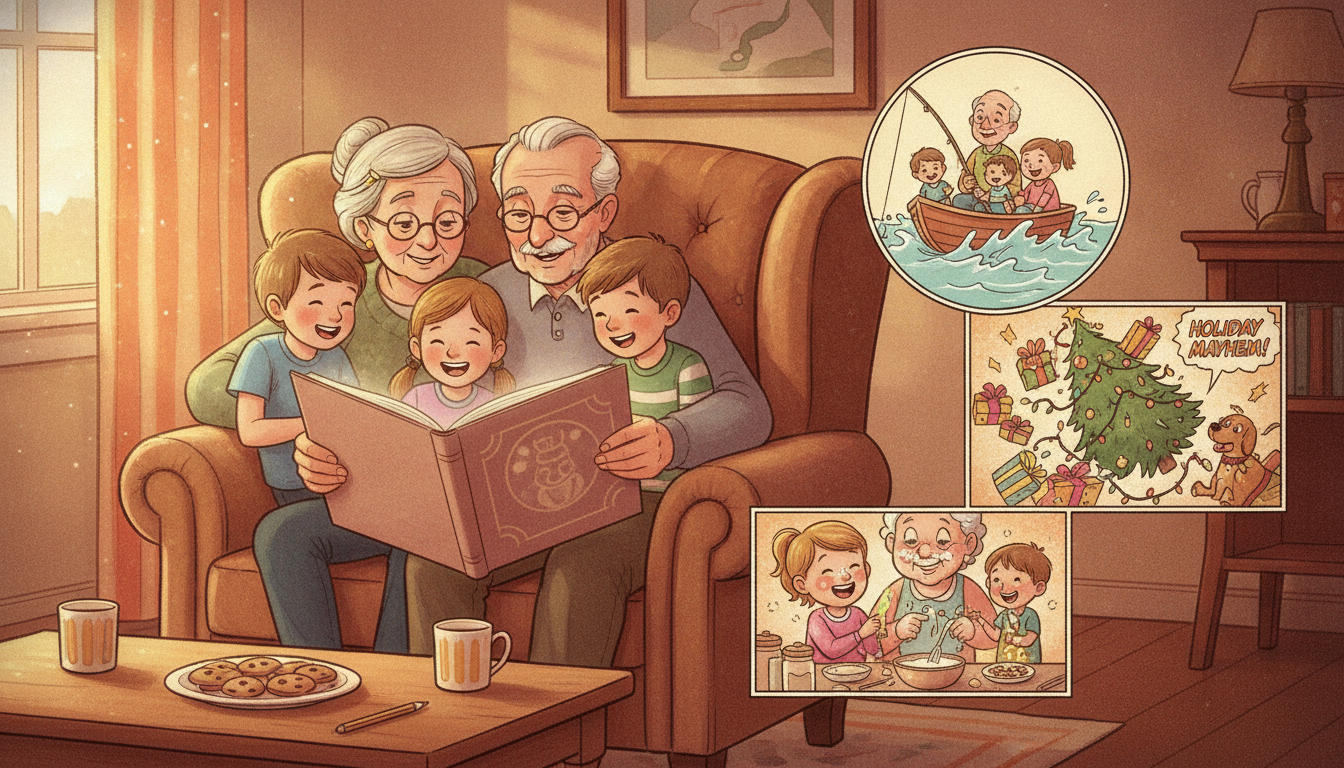 Grandparents and grandchildren looking through a personalized comic book based on family memories