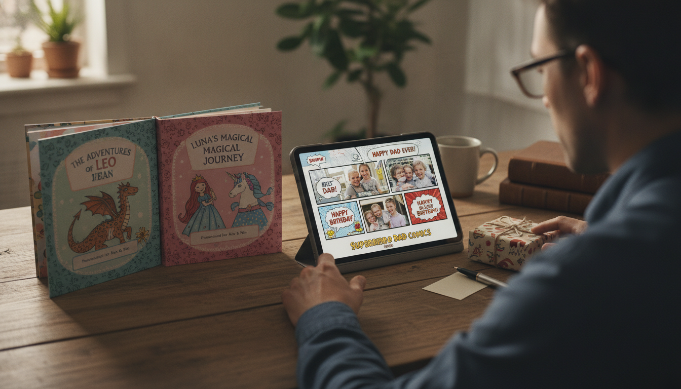 Gift shopper comparing personalized storybooks and a custom comic gift at a desk