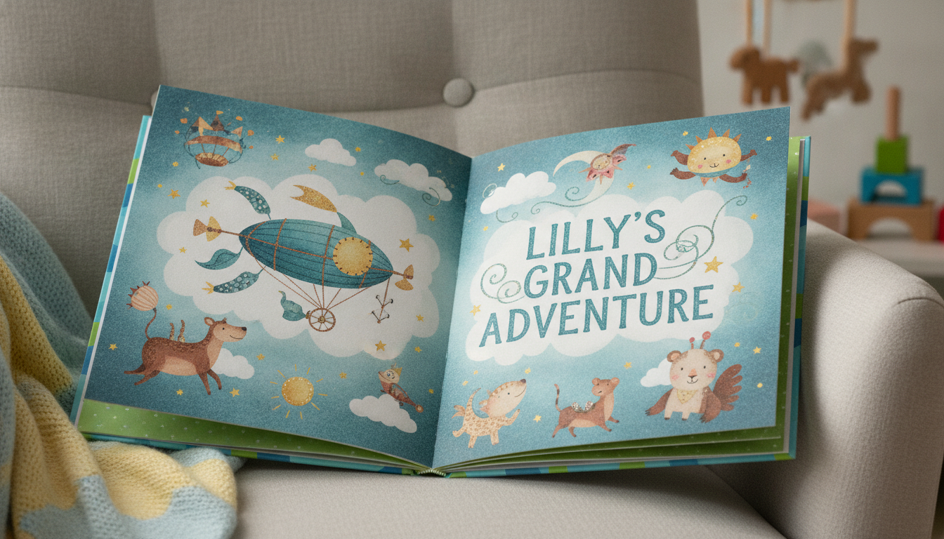 Illustrated personalized children's book open on a chair with colorful pages and premium print detail