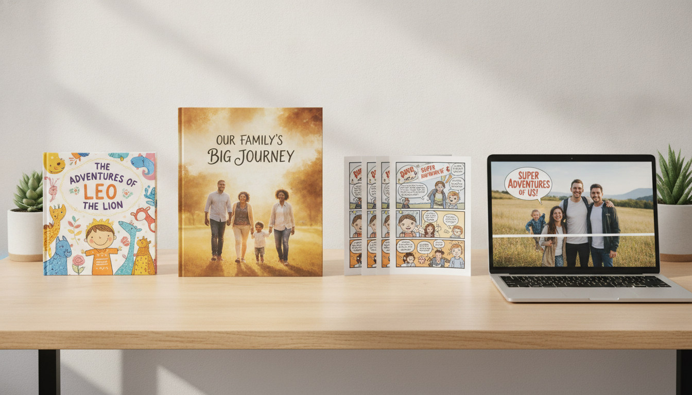 Comparison of personalized children's books, family storybook, and photo-based custom comic on a desk