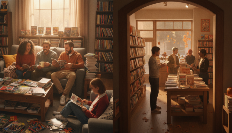 Comic fans enjoying National Comic Book Day with colorful comics in a cozy shop and home setting