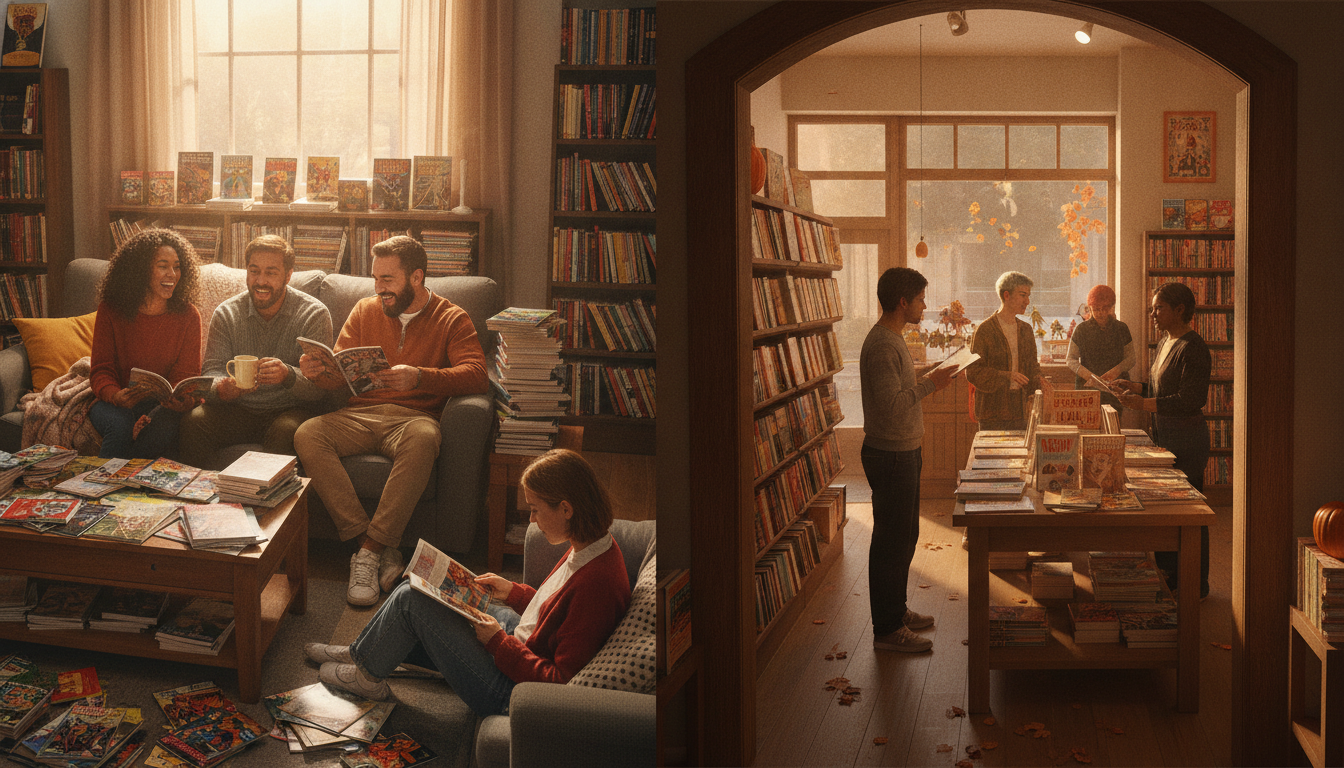 Comic fans enjoying National Comic Book Day with colorful comics in a cozy shop and home setting
