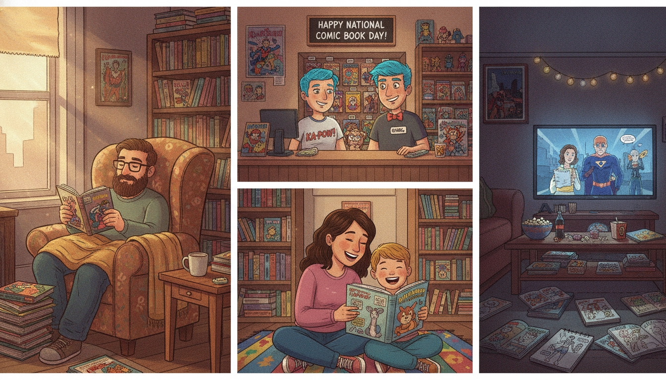 Montage of National Comic Book Day activities including reading comics, visiting a comic shop, family reading, and a comic-themed movie night