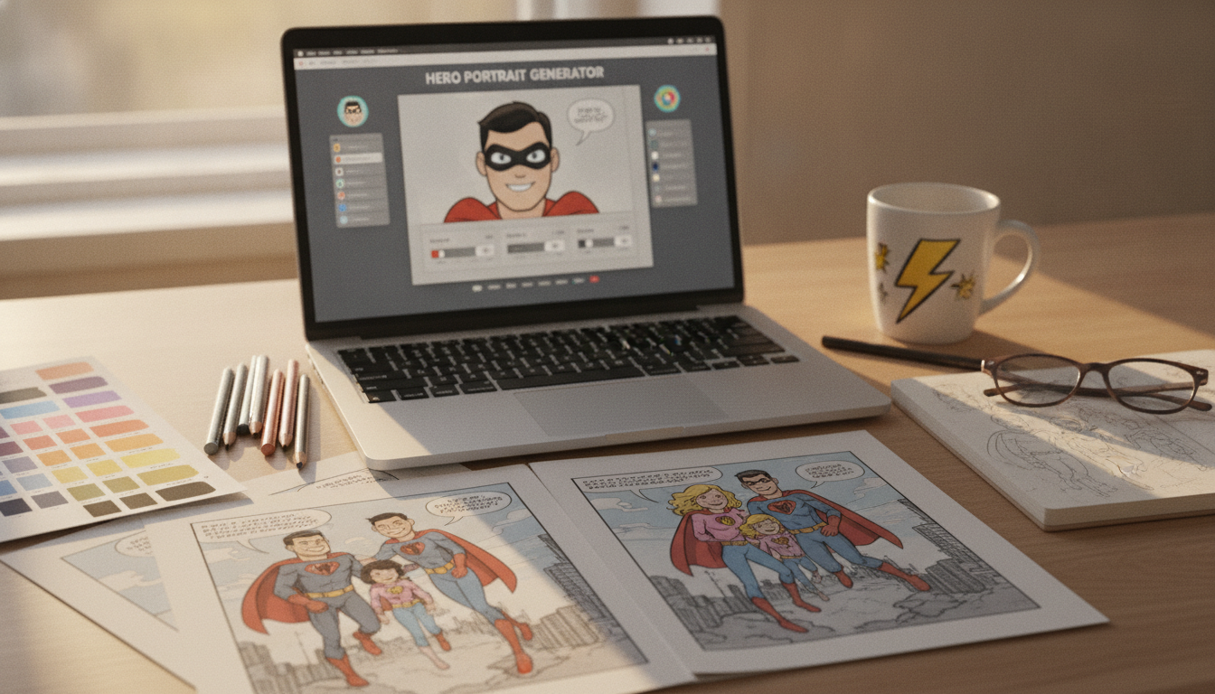 Desk scene showing the creation of a personalized comic with family members transformed into comic-book heroes