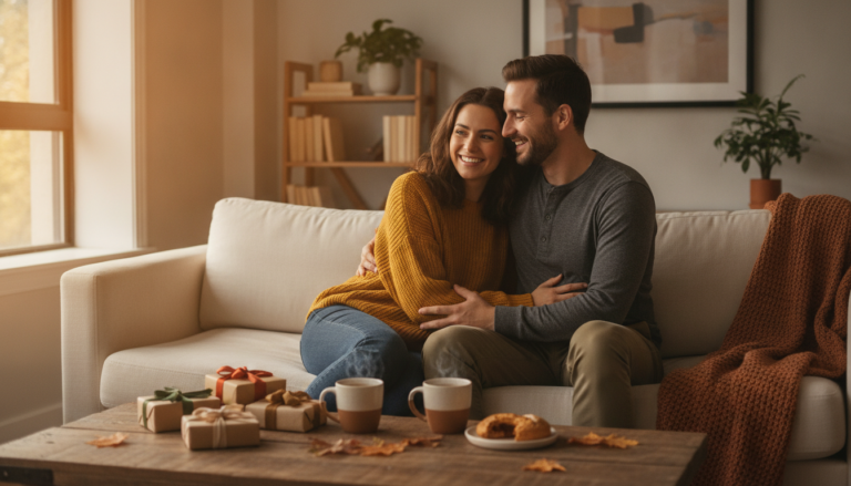 Couple celebrating National Boyfriend Day at home with a cozy setup and thoughtful gifts