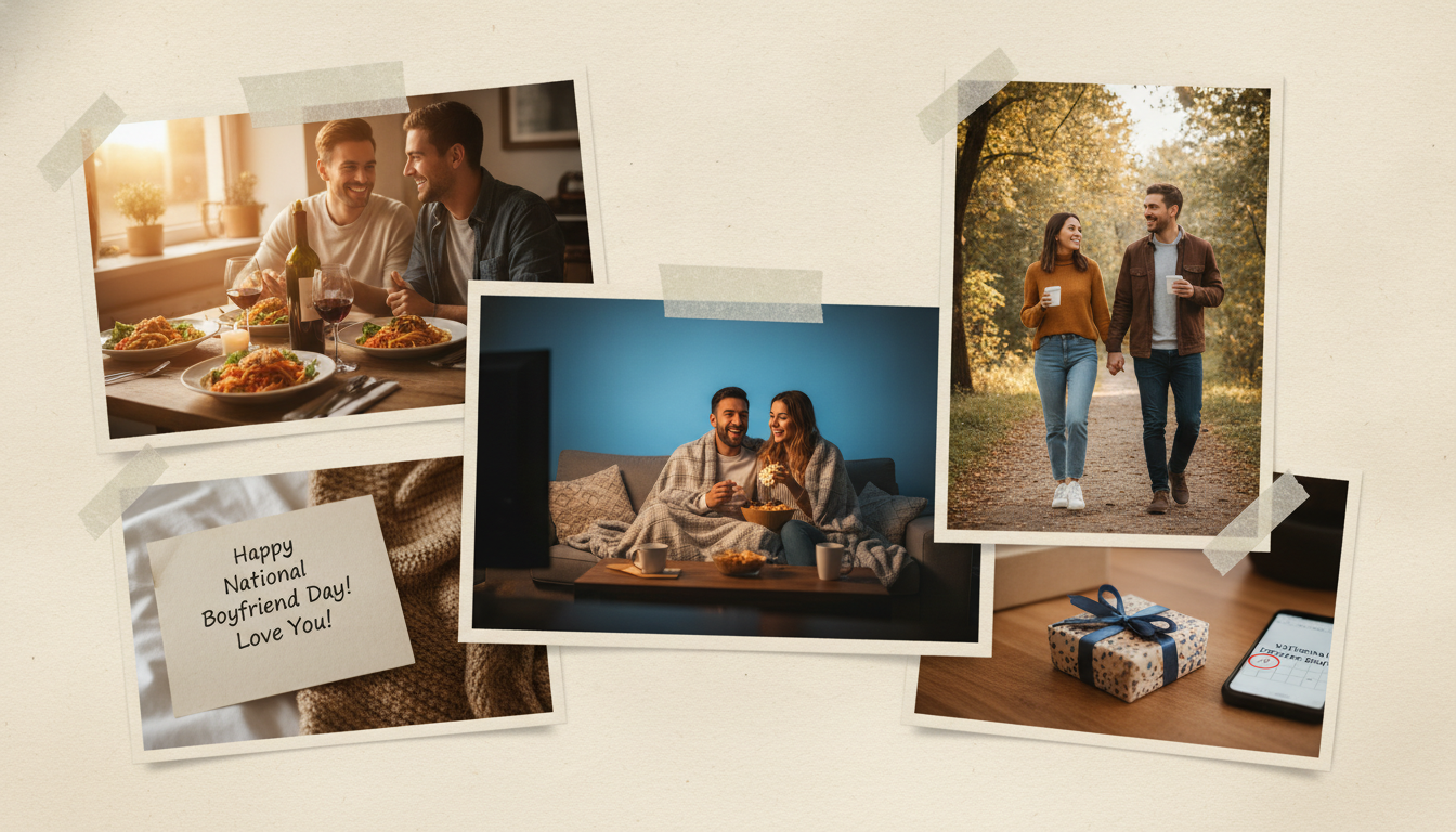 Collage of National Boyfriend Day celebration ideas including a home-cooked dinner, note, movie night, day trip, and gift
