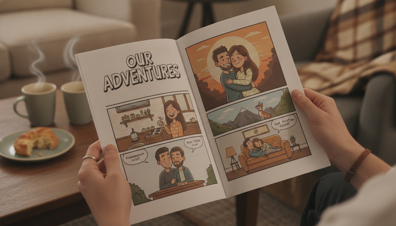 Hands holding a personalized comic book created from couple photos in a cozy indoor setting