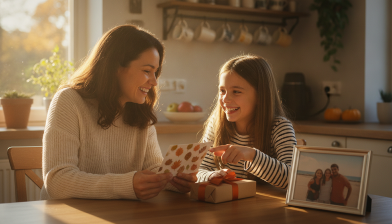 Parent and daughter smiling together at a kitchen table with a card and wrapped gift