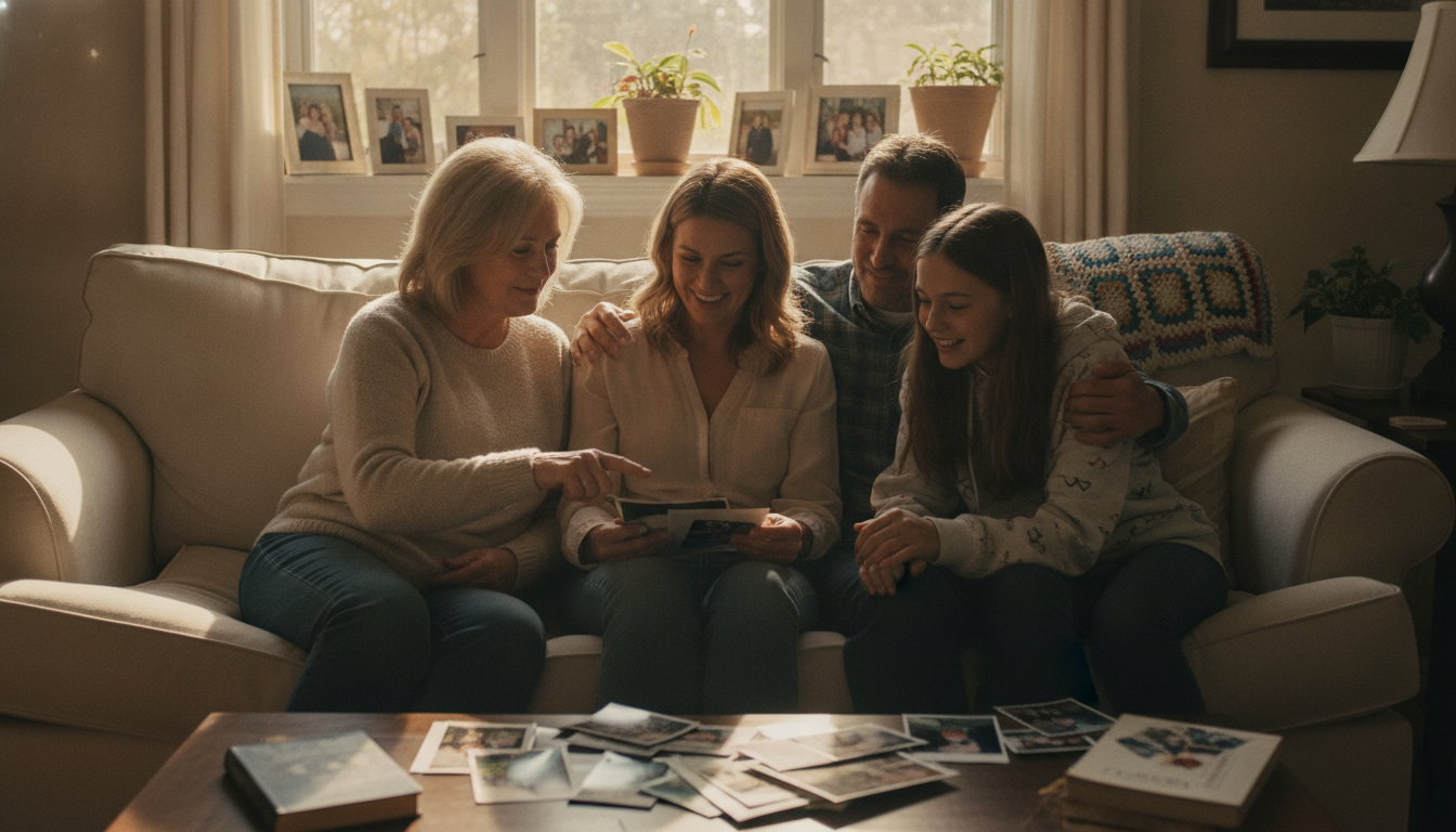 Multi-generational family looking through printed photos together on a living room sofa