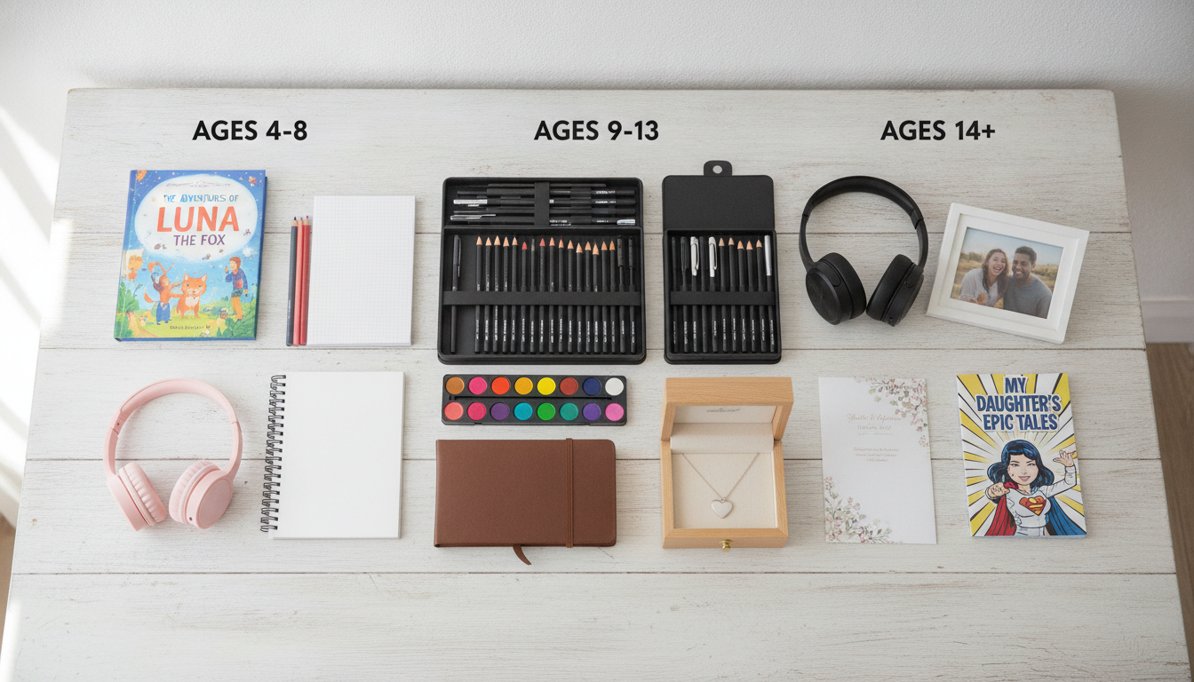 Thoughtful daughter gift ideas arranged by age group on a tabletop