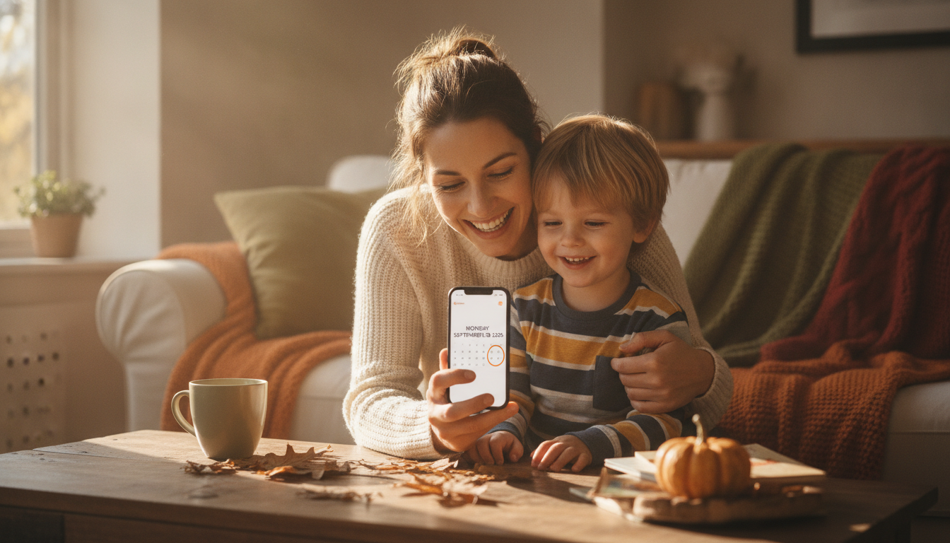 Parent and son smiling together while checking a phone calendar marked September 28, 2026