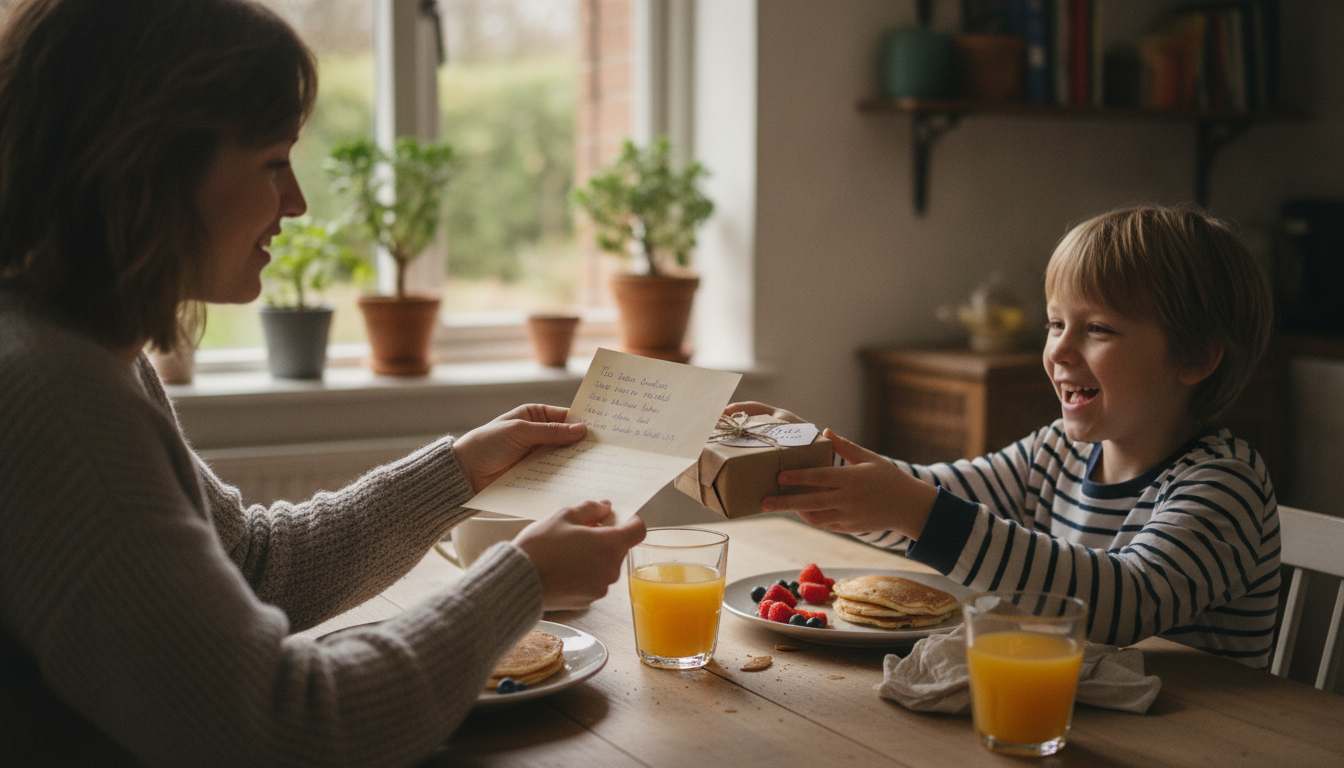 Parent giving son a handwritten note and personalized gift at a kitchen table during a simple celebration
