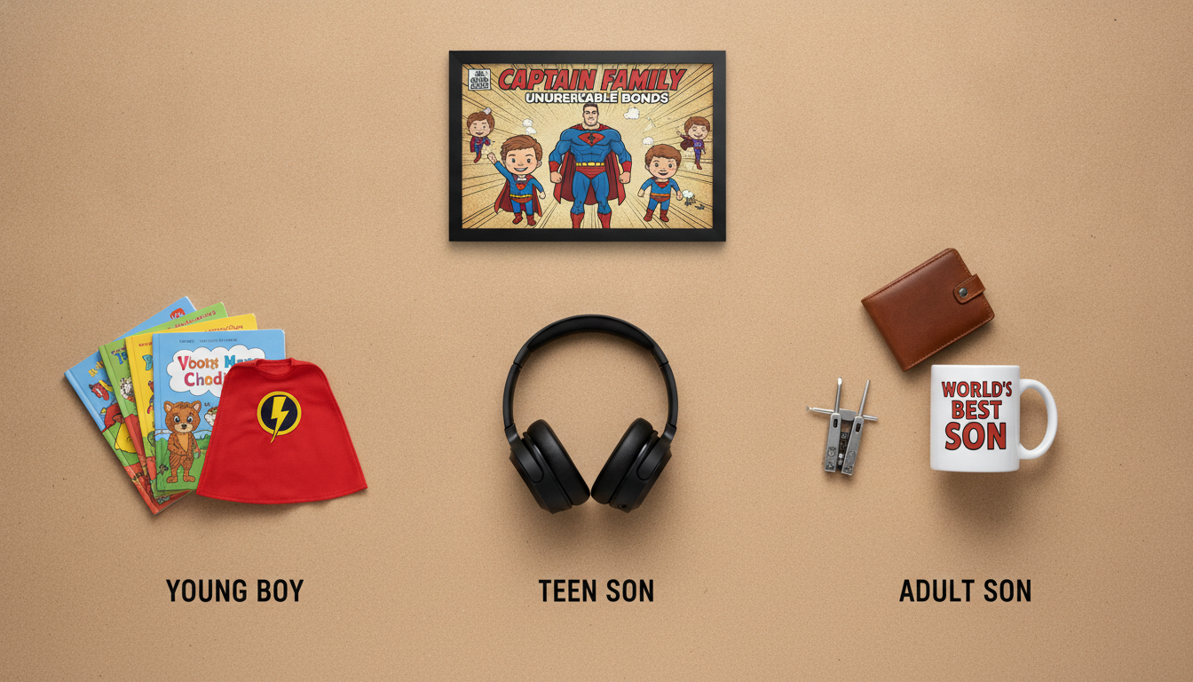 Flat lay of age-specific gift ideas for sons including books, teen accessories, adult essentials, and a personalized comic gift
