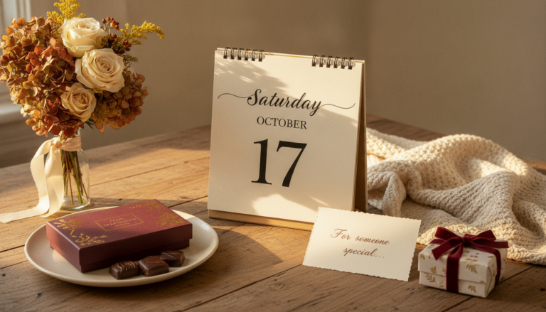 Autumn tabletop with a calendar marked Saturday October 17, chocolates, flowers, a note card, and a wrapped gift