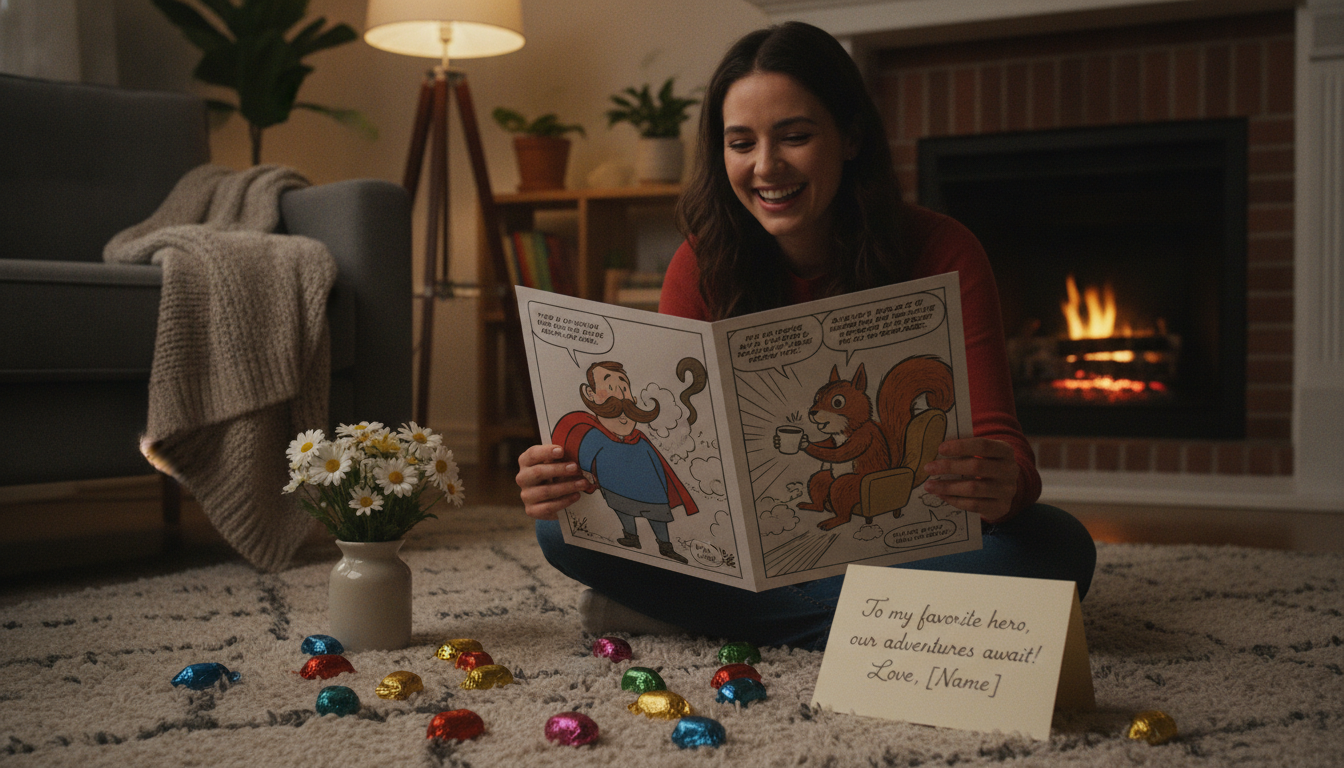 Person opening a personalized comic gift at home with candy, flowers, and a handwritten note nearby