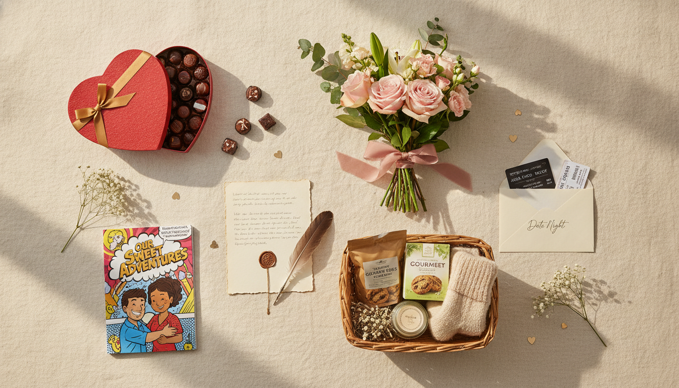 Flat lay of Sweetest Day gift ideas including candy, flowers, a handwritten letter, care package items, tickets, and a comic-style booklet