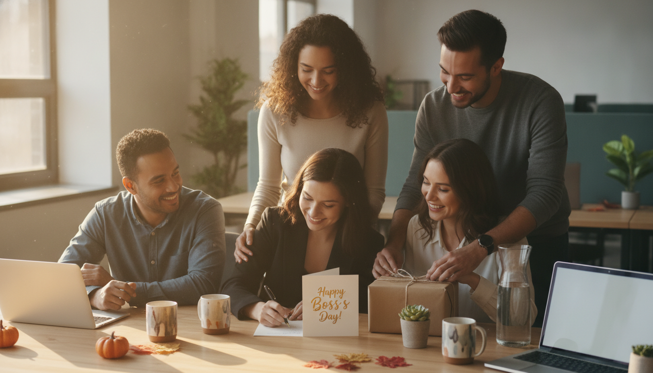 Office team signing a Boss's Day card and arranging a modest group gift