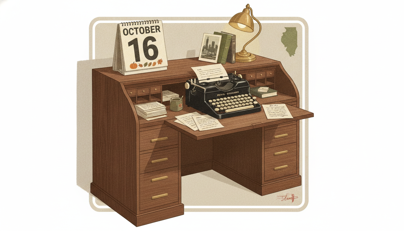 Vintage-inspired office desk with a calendar marked October 16 and classic paperwork