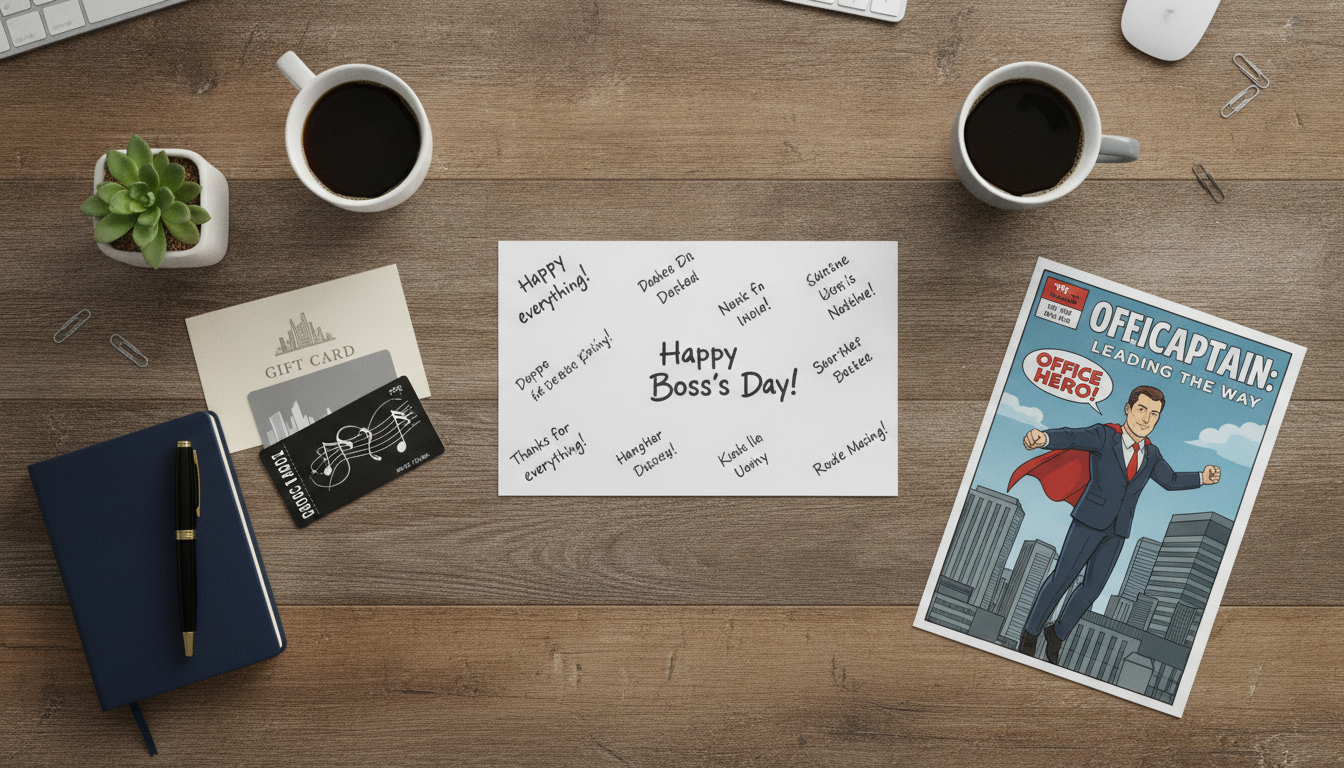 Flat lay of Boss's Day group gift ideas including a card, coffee, plant, notebook, and comic gift