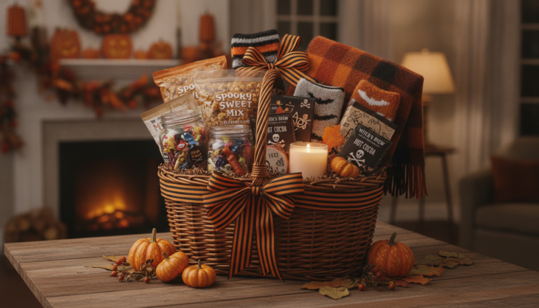 Halloween boo basket filled with candy, cozy socks, popcorn, pumpkins, and fall treats on a table