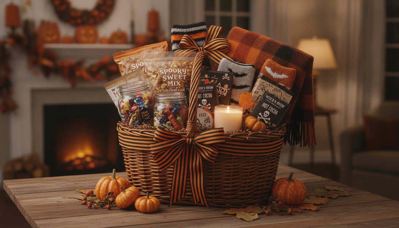 Halloween boo basket filled with candy, cozy socks, popcorn, pumpkins, and fall treats on a table