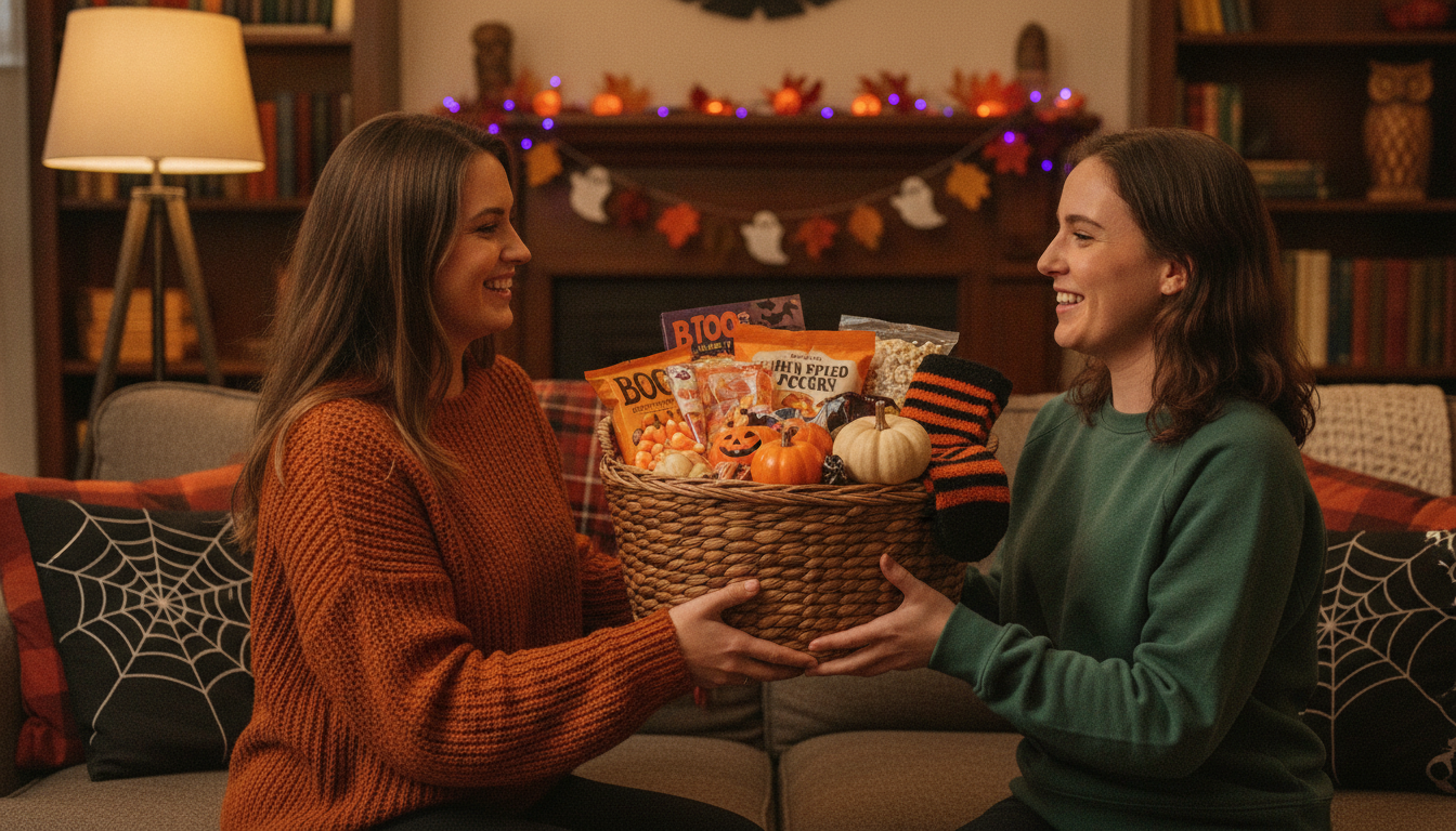 Couple exchanging a Halloween boo basket at home with candy, socks, popcorn, and small pumpkins